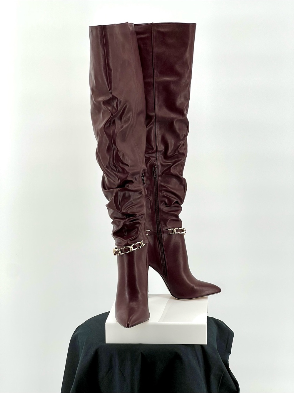 Shoe Dazzle “Thelma”Burgundy Over-the-Knee Slouch Boots with Chain Accent